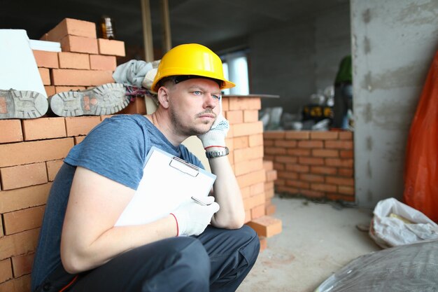 Foto nachdenklicher trauriger baumeister, der klemmbrett hält und in die ferne blickt