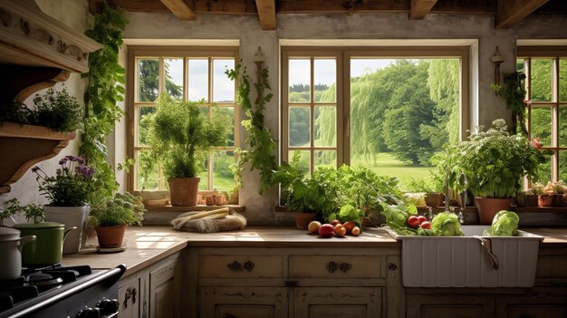 Foto nachhaltige farm-zu-tisch-küche mit kräutergarten im haus