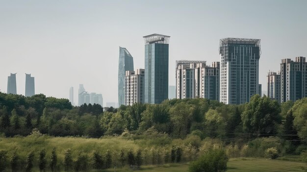 Nachhaltige moderne Stadt mit Hochhäusern inmitten eines grünen Parks. Generative KI AIG18