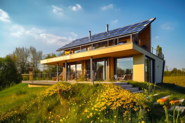 Nachhaltiges Haus mit Photovoltaik-Solarpanelen Generative KI-Illustration