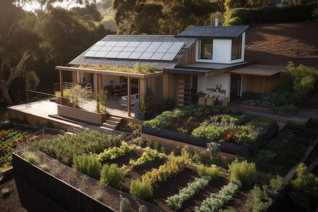 Nachhaltiges Haus mit Sonnenkollektoren und Gemüsegarten auf dem Dach, erstellt mit generativer KI