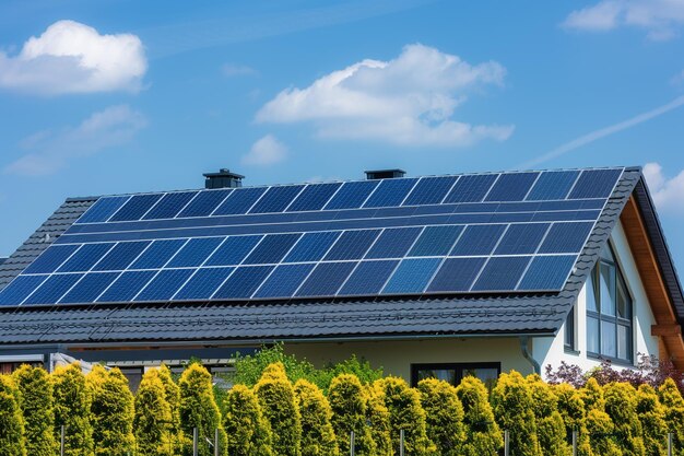 Foto nachhaltiges und neues umweltfreundliches haus mit solarpanelen auf dem dach unter einem hellen himmel