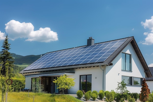 Foto nachhaltiges und neues umweltfreundliches haus mit solarpanelen auf dem dach unter einem hellen himmel