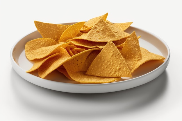 Foto nacho-chips auf dem teller auf weißer ebene, isolierte generative ai