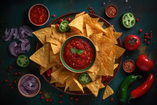 Nacho Mexicano Nachos Picantes Con Salsa De Tomate Nachos Triángulo Chips Resumen Generativo Ai Ilustración