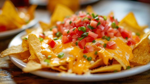 Nachos-Chips auf einem Teller mit Käse-Sauce in der Mitte Closeup