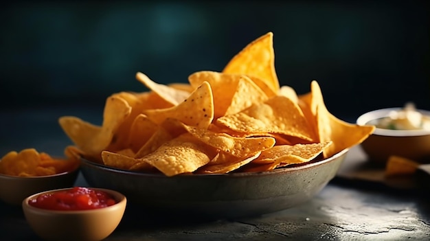 Nachos-Chips in einer Schüssel mit Saucen, AI-generiertes Bild
