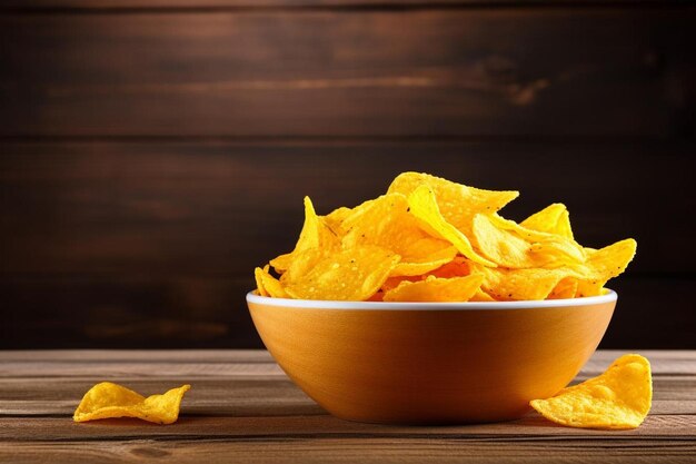 Nachos chips de maíz colocados en un cuenco de cerámica en una mesa de madera