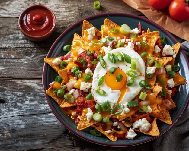 Nachos cobertos de ovo e cebola verde adornam um lanche saboroso perfeito para qualquer ocasião foto de comida mexicana colorida