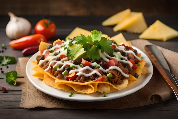 Nachos com queijo ao lado e tomate ao lado