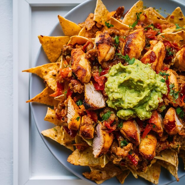 Foto nachos de frango ao estilo peruano com guacamole