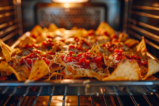 Un nachos derretido en el horno con tortillas, queso y salsa.