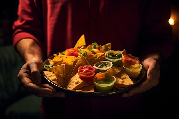 Foto nachos e salsa em uma travessa