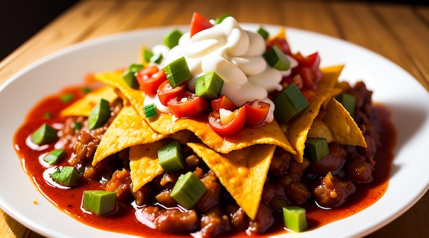 Nachos mexicanos picantes con salsa de chile rojo