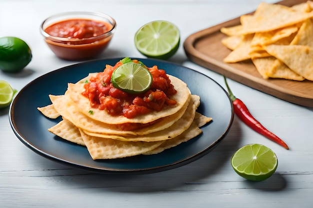 Nachos mit Salsa und Salsa auf einem Teller