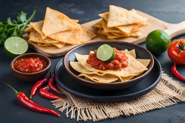 Nachos y nachos en una mesa negra