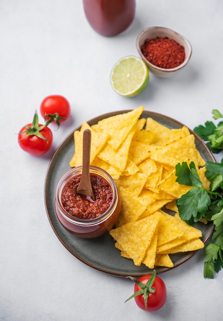 Nachos o tortilla con salsa de tomate picante en un plato con verduras frescas y hierbas sobre un fondo claro Chips de maíz con salsa de salsa