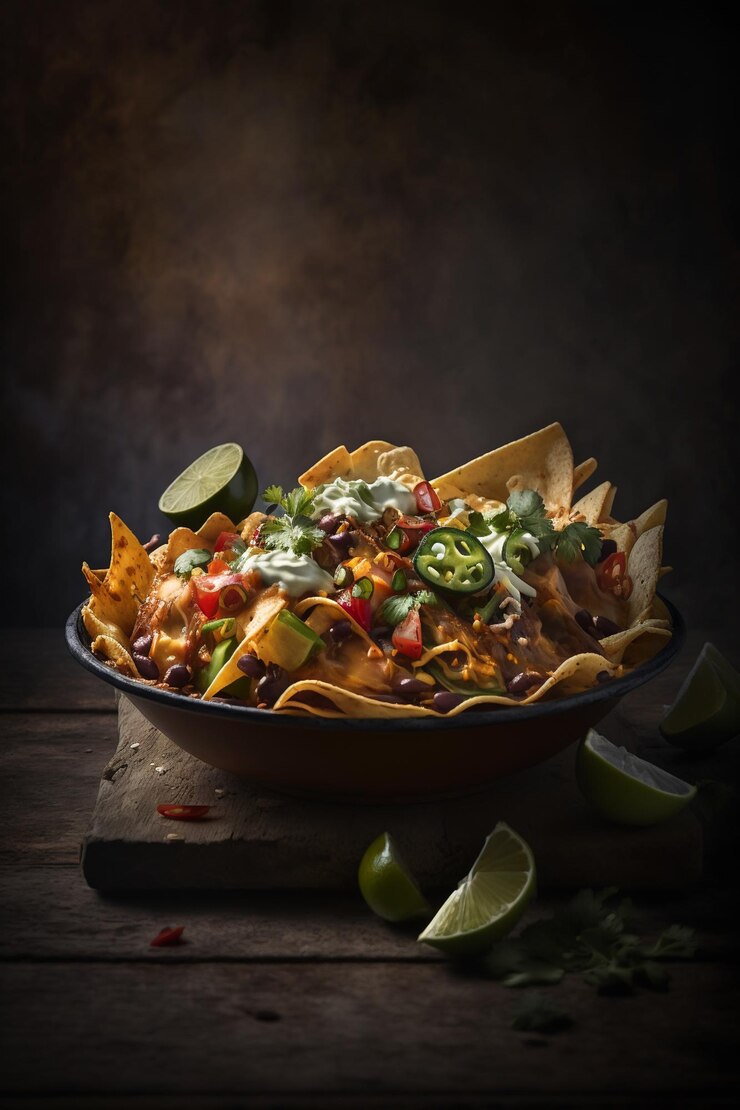 Foto nachos con patatas fritas y limas en un plato.