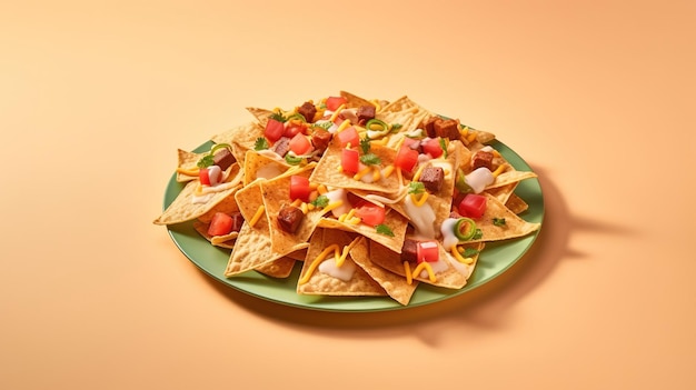 Nachos en un plato con coberturas sobre un fondo naranja