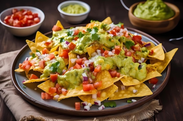 Foto nachos y queso cheddar con guacamole