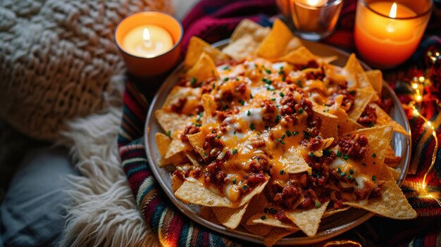 Nachos de queso con chile contra una noche de cine