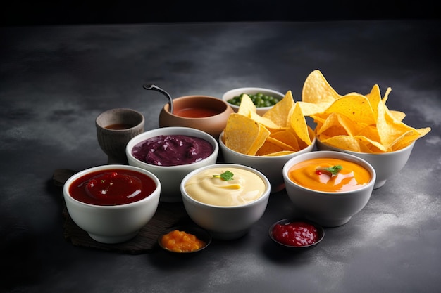 Nachos con tazones de diferentes sabores en un fondo gris