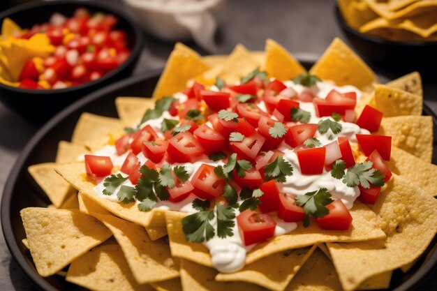 Nachos con tomates encima y crema agria encima