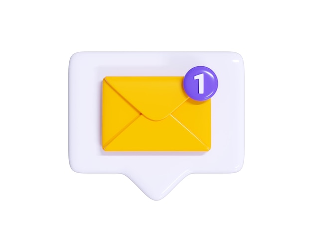 Nachrichtenbenachrichtigung 3d-Render gelber geschlossener Umschlag mit Nummernhinweis auf weißer Sprechblase