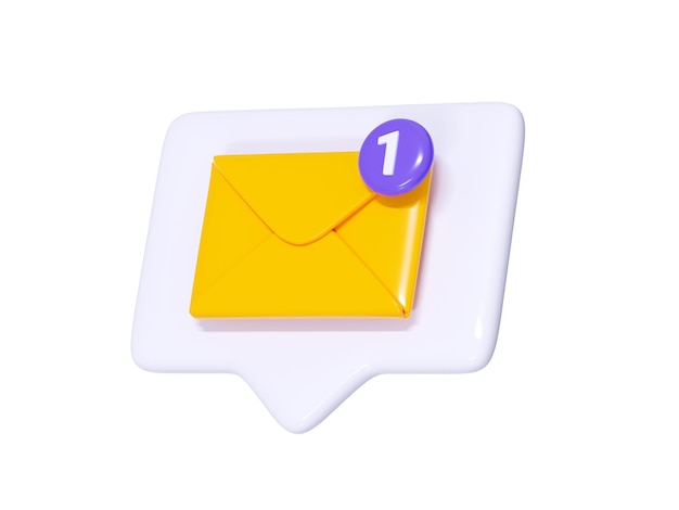 Nachrichtenbenachrichtigung 3d-Render gelber geschlossener Umschlag mit Nummernhinweis auf weißer Sprechblase