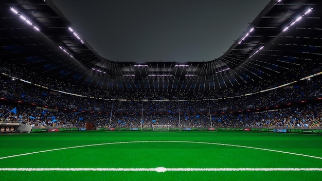 Nacht-Eurostadion-Arena, leeres Feld, Fan-Publikum, blaue und rote Mannschaftsflaggen, 4K-Rendering