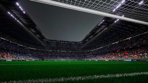 Foto nacht-eurostadion-arena, leeres feld, fan-publikum, blaue und rote mannschaftsflaggen, 4k-rendering