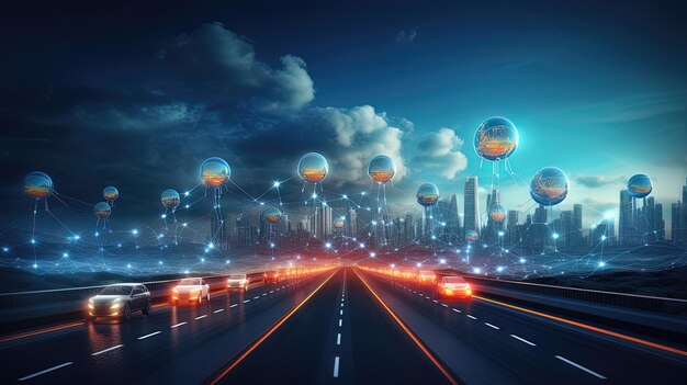Nacht-Hightech-Stadtpanorama einer futuristischen Stadt-KI-Generation