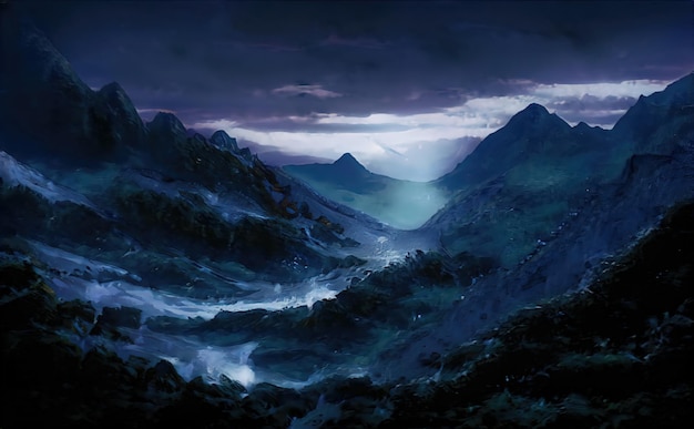 Nacht in den Bergen fabelhafte Landschaft der Berggipfel Mondlicht beleuchtet die Berghänge bei Nacht Magische Naturillustration