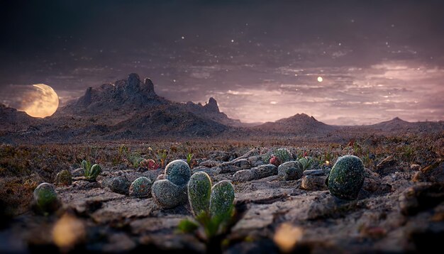 Nacht in der Wüste mit Kakteenfelsen unter einem Sternenhimmel mit Vollmond