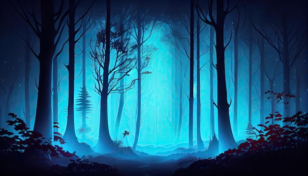Nacht magischer Fantasiewald Waldlandschaft magische Neonlichter im Wald