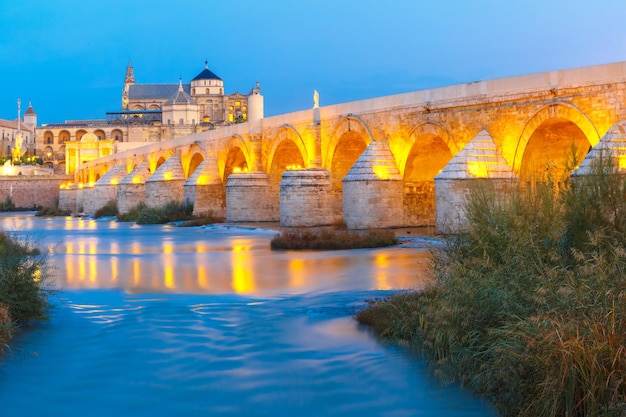 Foto nacht mezquita und römische brücke in cordoba spanien