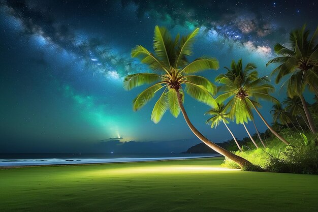 Nacht See Seite Kokosnussbaum grüner Rasen Strand Sterne Galaxie