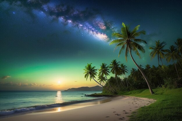 Nacht See Seite Kokosnussbaum grüner Rasen Strand Sterne Galaxie