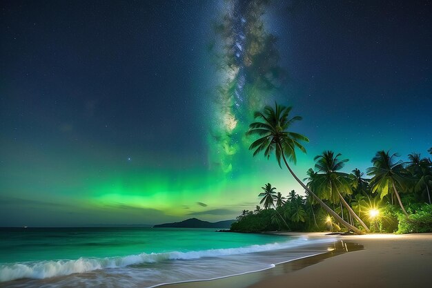 Nacht See Seite Kokosnussbaum grüner Rasen Strand Sterne Galaxie