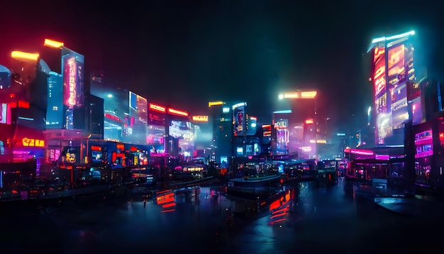 Nacht Stadt Neonlichter der Metropole Reflexion von Neonlichtern im Wasser Moderne Stadt mit Hochhäusern Nächtliche Straßenszene Stadt am Meer 3D-Darstellung