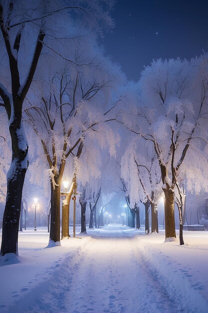 Foto nacht-winter-landschaft in der gasse des stadtparks