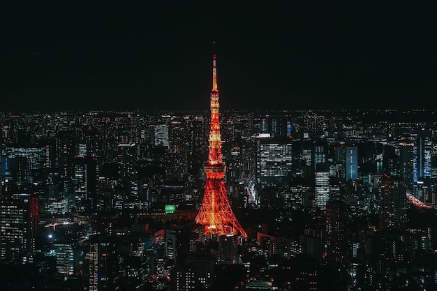 Nachtansicht auf den Tokyo Tower, die Skyline der Stadt Tokio, Japan