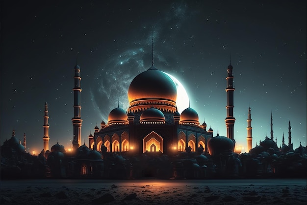 Nachtansicht der Moschee im Mondlicht Generative KI