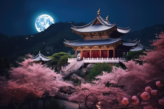 Nachtansicht der Toji-Tempelpagode und der riesigen Sakura-Baumblüte in Kyoto, Japan AI