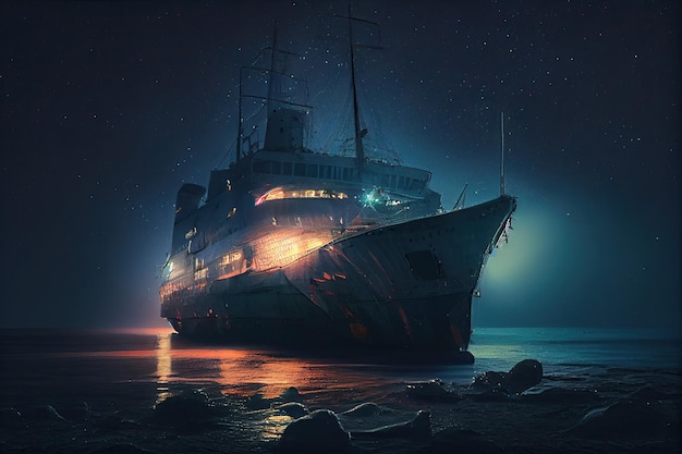 Nachtansicht des auf Grund gelaufenen Schiffes mit leuchtenden Lichtern in der Dunkelheit