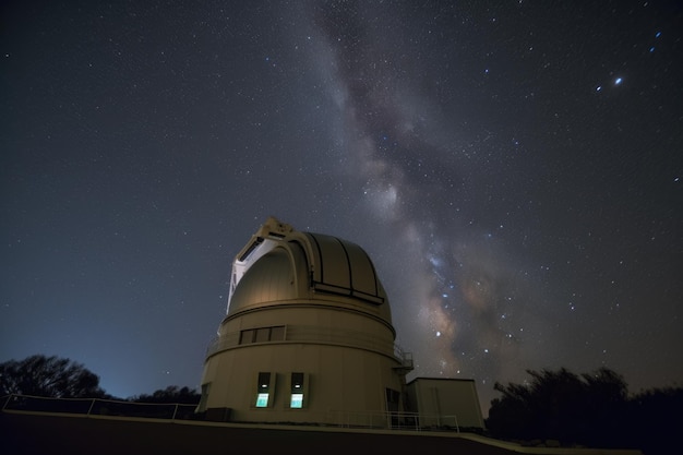 Nachtansicht des Observatoriums mit Teleskop und am Himmel sichtbaren Sternen, erstellt mit generativer KI