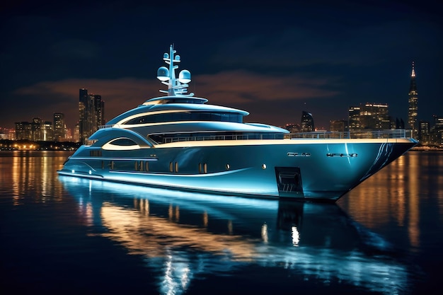 Nachtansicht einer großen beleuchteten Luxusyacht über dem Horizont. Bunte Lichter der Yacht spiegeln sich auf der Meeresoberfläche