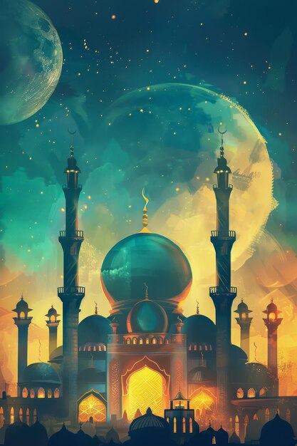 Nachtansicht einer Moschee Eid al-Fitr-Konzept