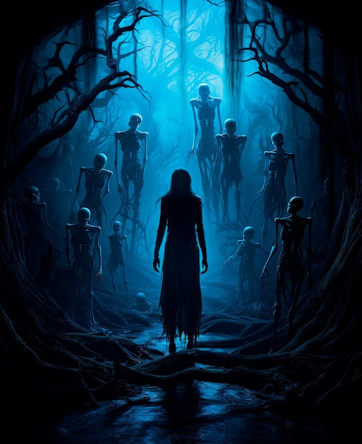 Nachtansicht-Hintergrundbild von dunklen Wäldern mit Zombies und Totenköpfen