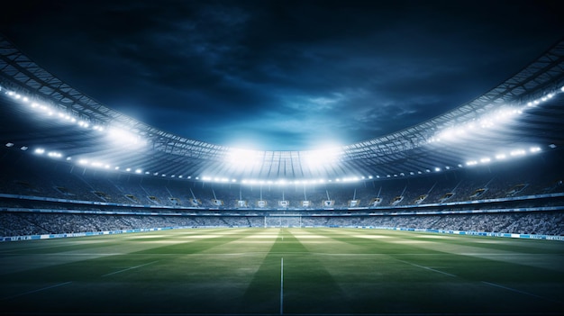 Nachtbeleuchtung und Fußballstadion mit lebendiger Beleuchtung als Sport-Hintergrund